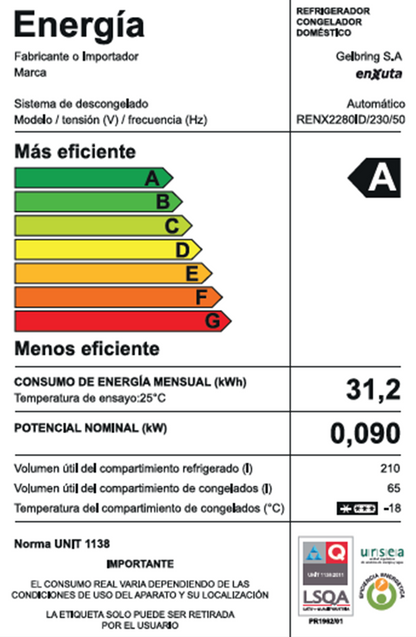 Heladera Enxuta RENX2280IM FRIO SECO